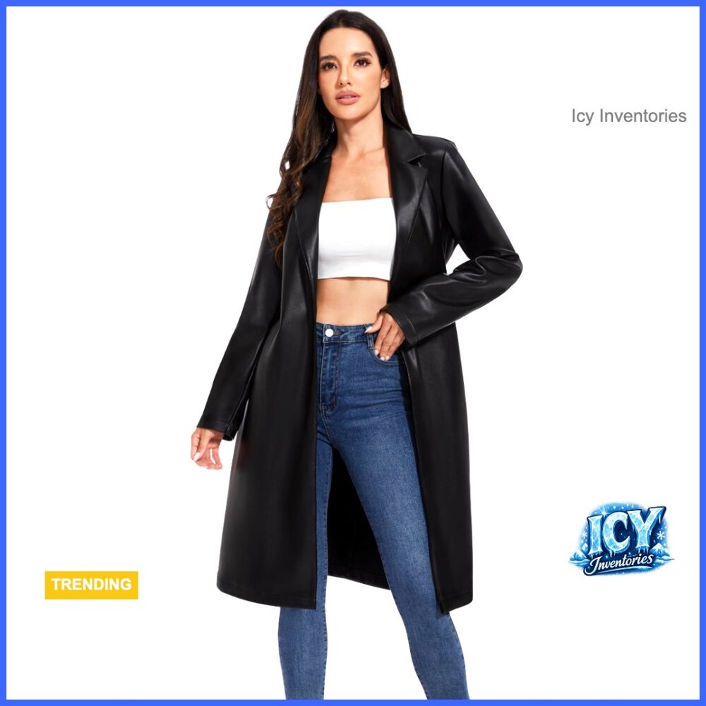 Faux Leather Trench Coat, Motorcycle Biker Jacket, Lightweight Vegan Pleather